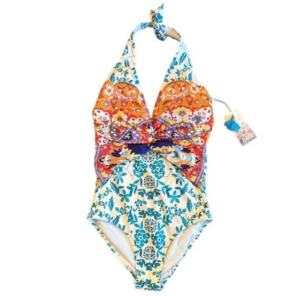 Johnny Was Floral Ellyo Twist Front One-Piece Swimsuit Teal Orange XS - Picture 4 of 13
